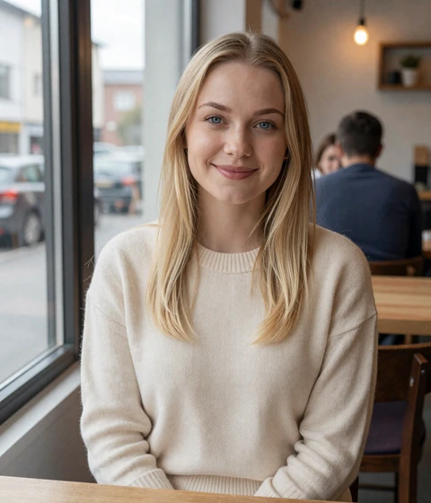 Emma, 28, smiling in a coffee shop on EvaDate online dating platform