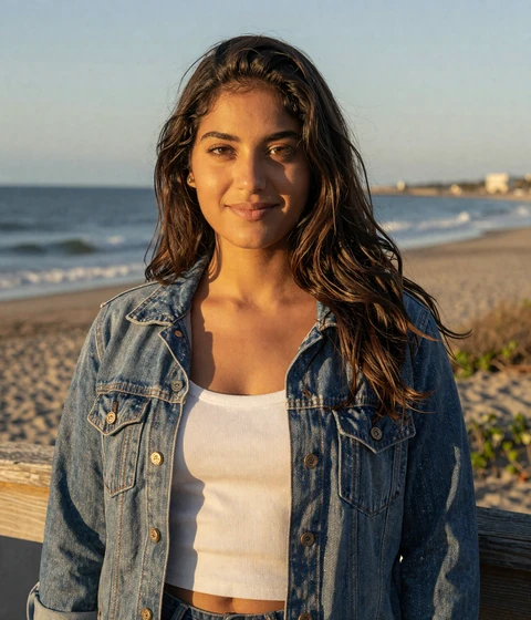 Isabella, 25, on a beach boardwalk - example EvaDate dating profile photo