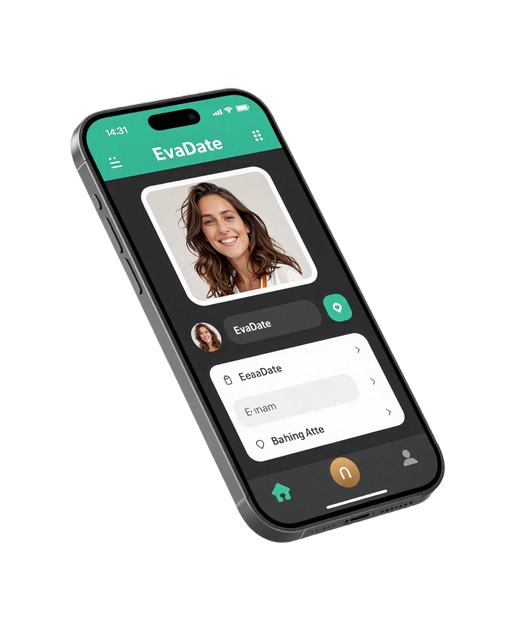 EvaDate dating app displayed on a modern smartphone showing profile cards and chat interface