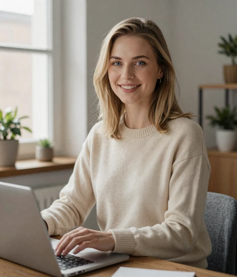 Rachel, 29, blonde woman smiling at her home office - a real EvaDate reviewer