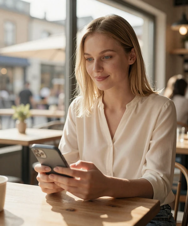 Woman using EvaDate dating app on her smartphone in a sunny cafe - online dating guide