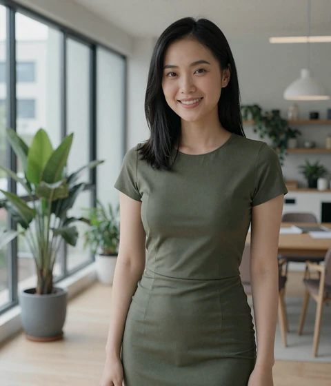 Lily, 30, in a modern apartment - example EvaDate dating profile photo