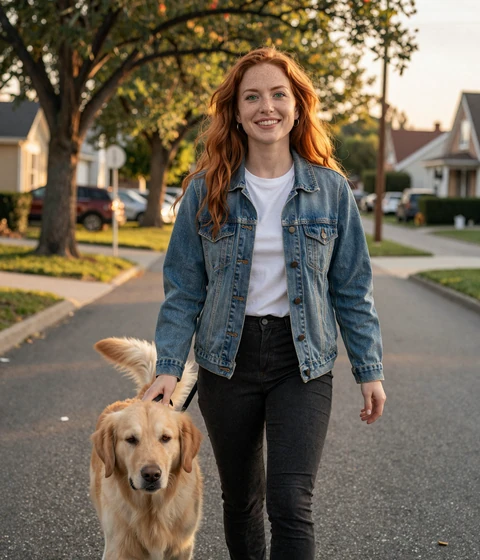 Amber, 27, redhead walking her dog - a real EvaDate dating success story